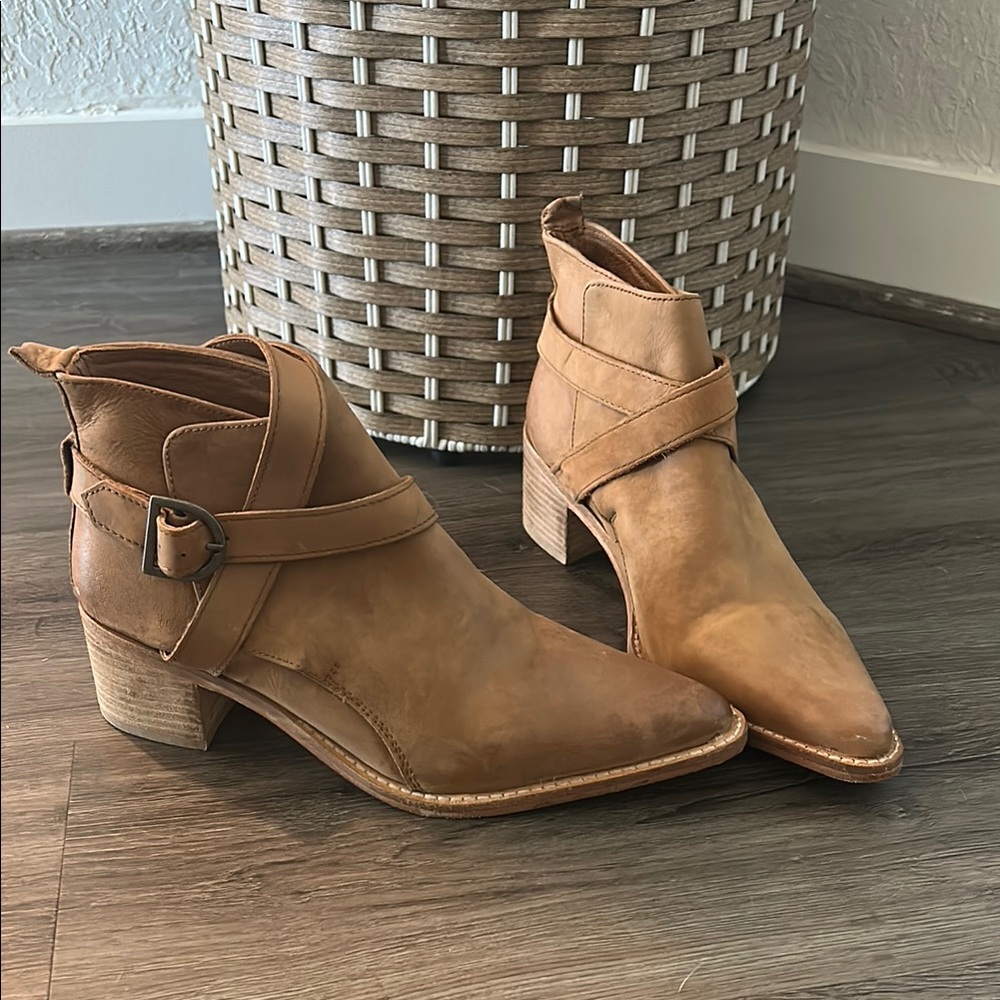 Tan Suede Ankle Booties with Wraparound Strap
